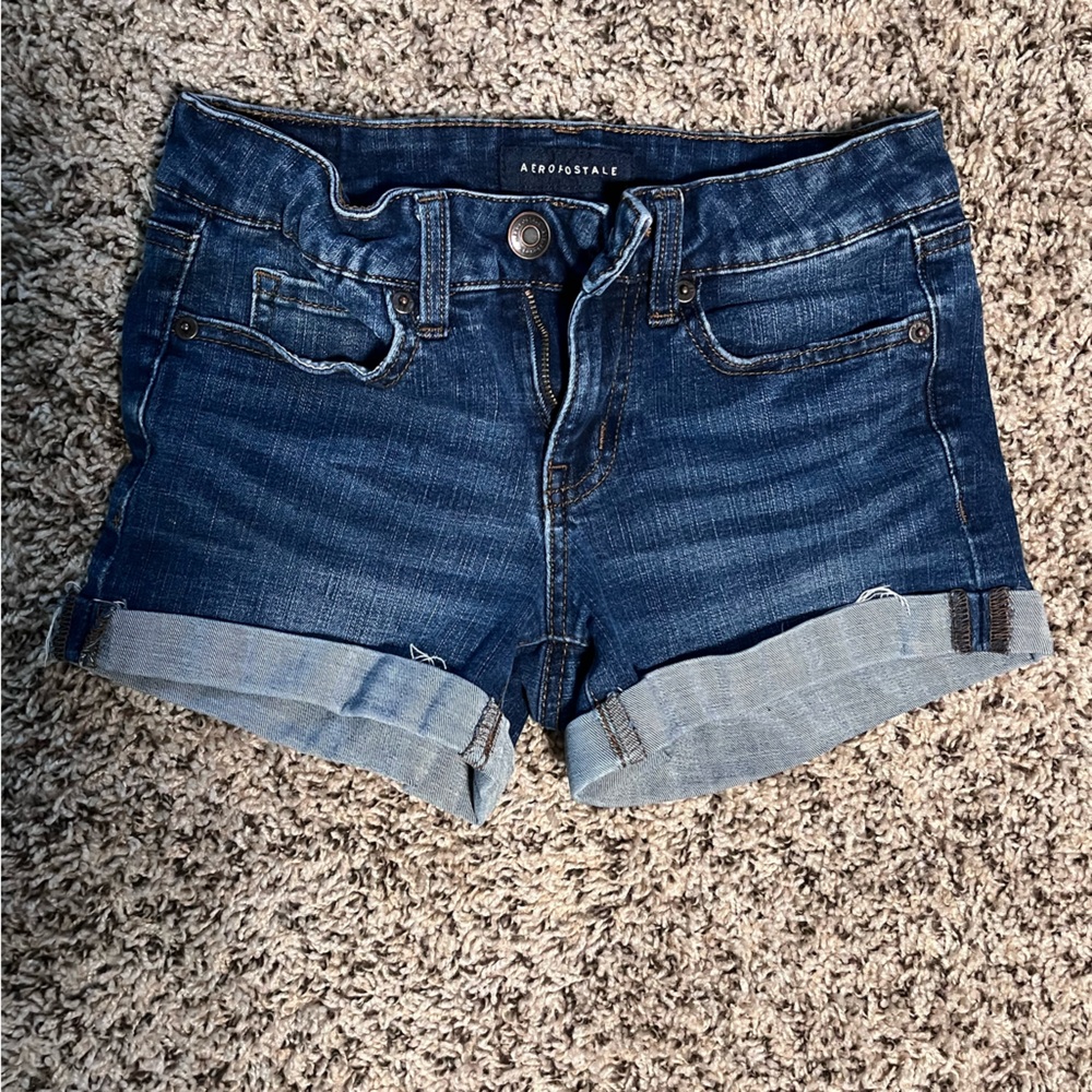 Aeropostale Low Rise Midi Denim‎ Shorts Dark Wash Cuffed Size 0